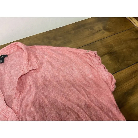 Tahari Blouse Women 1X Pink Linen Blend Short Sleeve V-Neck Top - Picture 4 of 9
